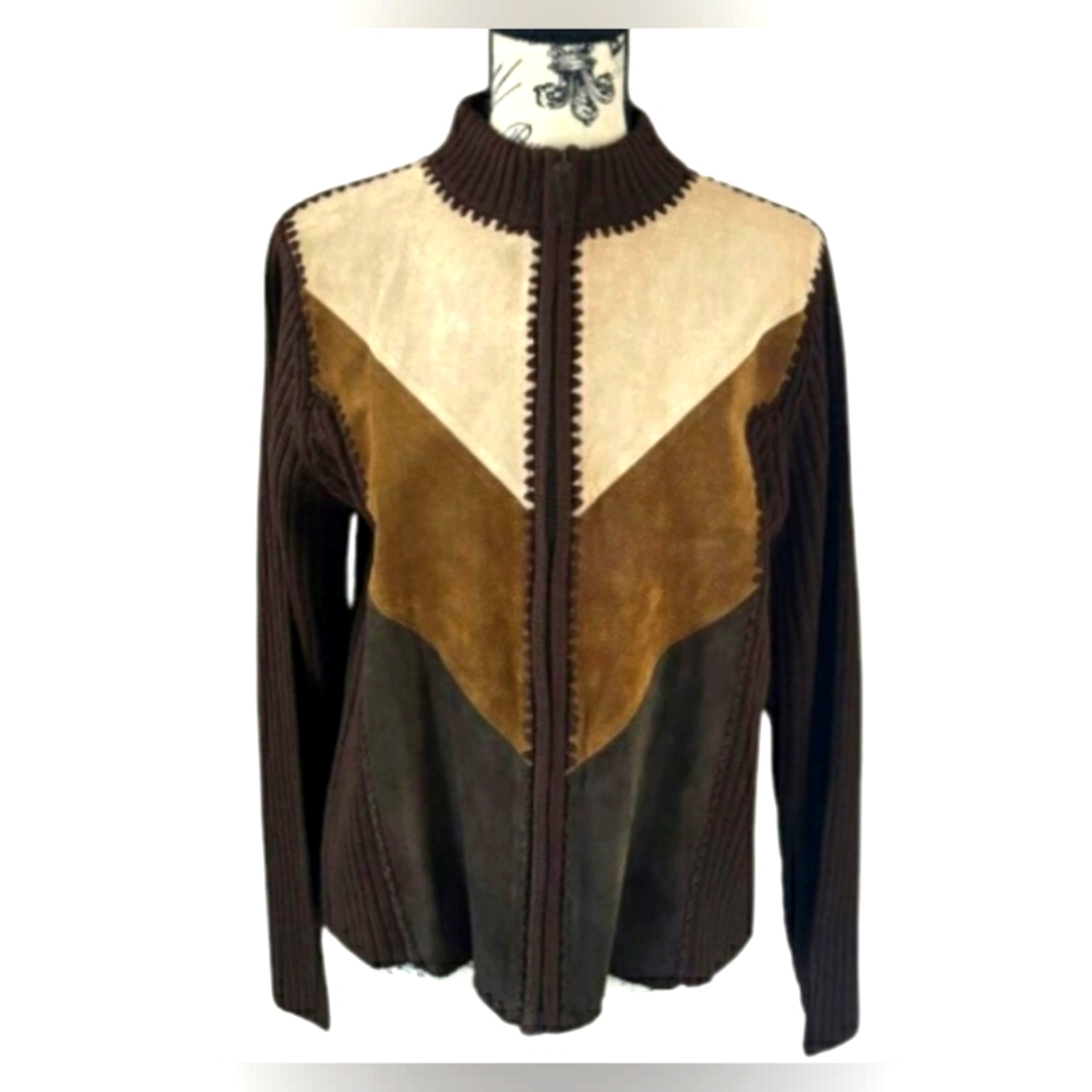 Vintage Designer Studio Western Leather Stitch Colorblock Zip up Jacket Brown - Picture 1 of 15